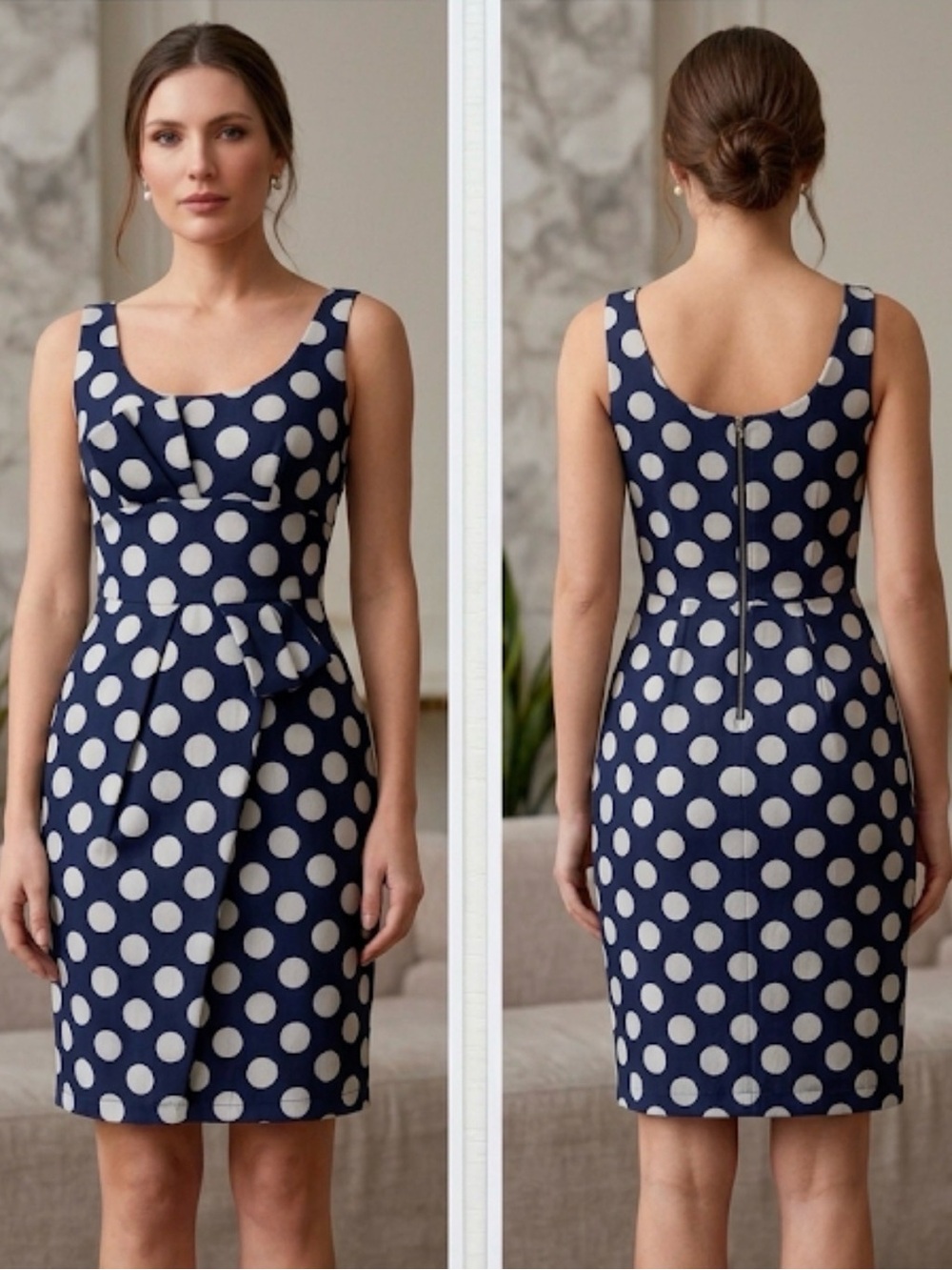 Giorgio Armani Bow Waist Detail Sheath Dress in Navy Polka Dot SZ 38 Silk Blend